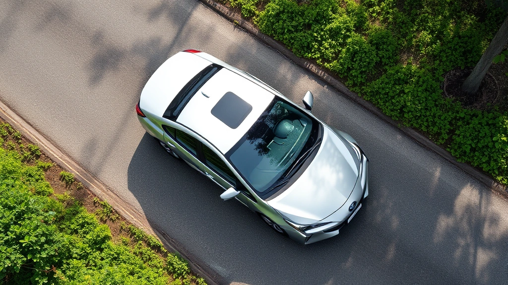 Overhead view of a silver Toyota Prius hybrid car parked on a clean asphalt road surrounded by green vegetation and trees, showcasing eco-friendly transportation
