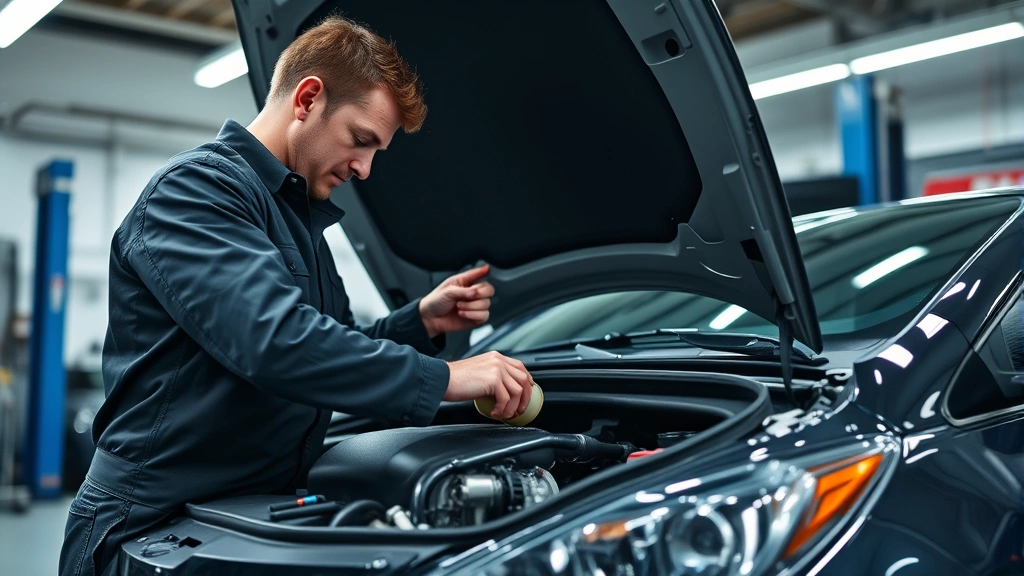 Mechanic performing routine maintenance on a Prius engine, checking oil and filters in a professional automotive service garage with bright lighting
