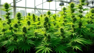 Lush cannabis plants with vibrant green leaves in a modern greenhouse with natural sunlight streaming through large windows, sustainable agriculture setting with healthy soil visible in pots