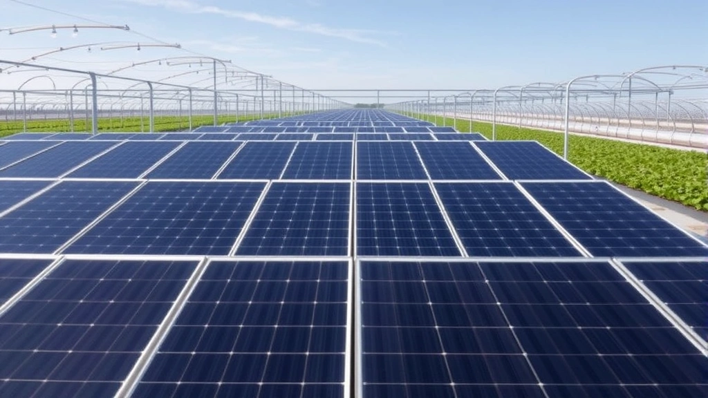 Array of solar panels on industrial greenhouse roof with cultivated plants visible through transparent panels, clean renewable energy installation for agricultural facility