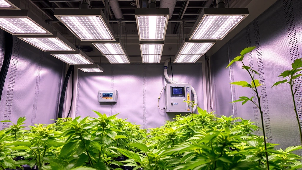 Professional indoor grow room with LED lighting systems illuminating healthy plants at different growth stages, modern vertical farming setup with climate control equipment visible