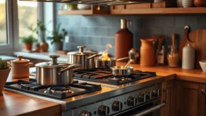 Modern kitchen with stainless steel gas range, warm lighting, pots on burners with flame, wooden countertops, sustainable design elements, professional photography, eco-conscious home setting
