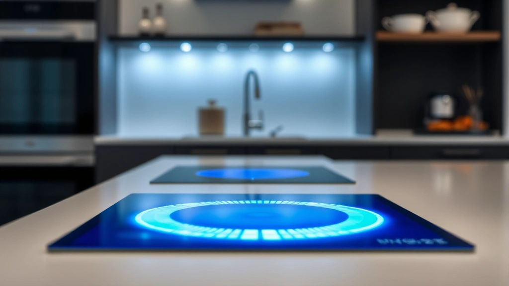 Close-up of induction cooktop glowing with blue energy, minimalist kitchen, clean modern design, sustainable cooking technology, professional culinary setting, contemporary appliance