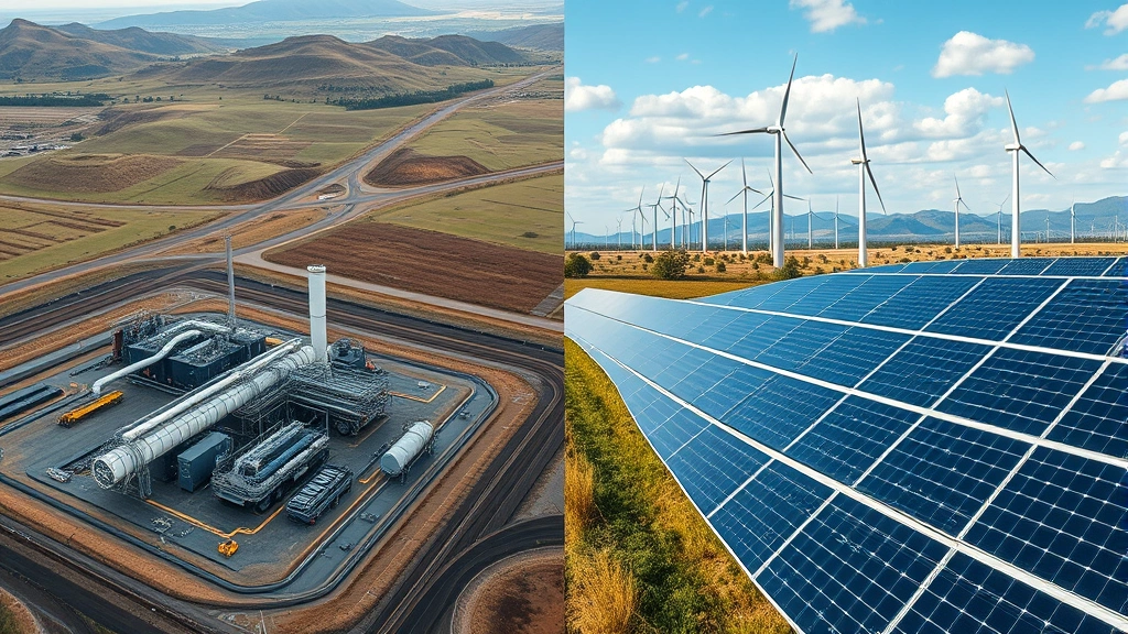 Split-screen comparison showing natural gas extraction site with industrial equipment on left transitioning to solar panels and wind turbines on right, renewable energy transition, environmental contrast, landscape photography