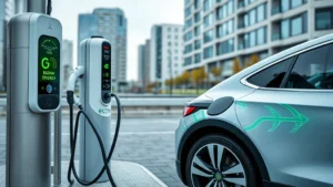 Electric vehicle charging at public charging station with green renewable energy indicator display, modern urban setting with buildings in background, clean minimalist design