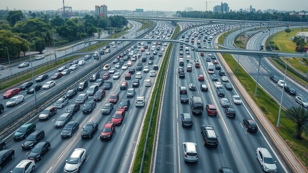 Aerial view of busy multi-lane highway with hundreds of cars creating traffic congestion, showing environmental impact of vehicle emissions and consumption patterns