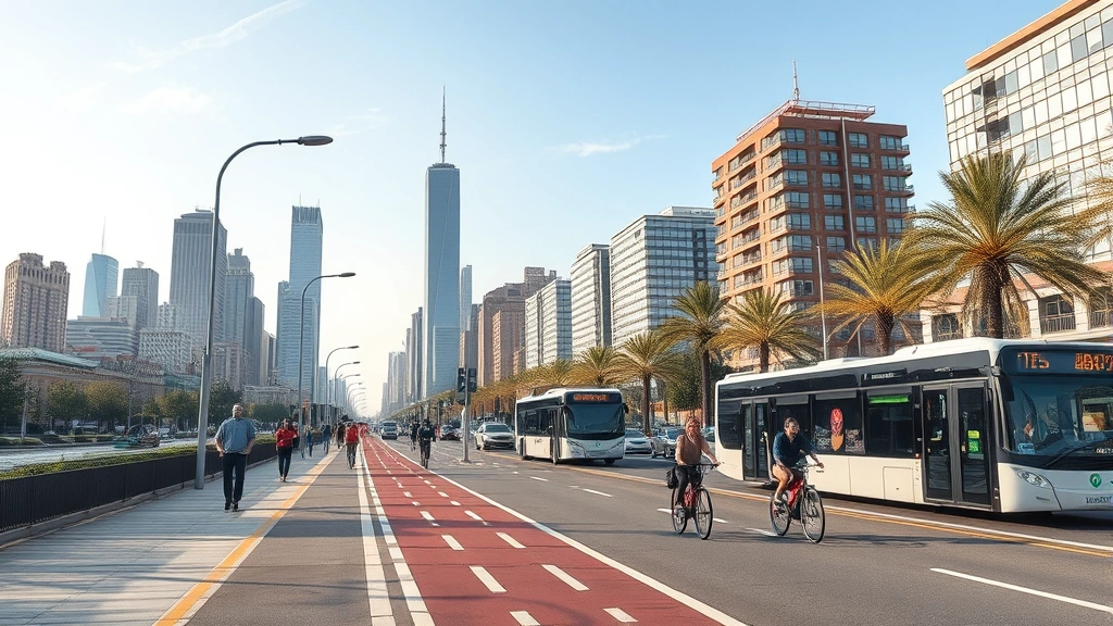 Modern city skyline with dedicated bike lanes, pedestrians walking, electric buses, and cyclists commuting peacefully without car traffic, sustainable urban transportation