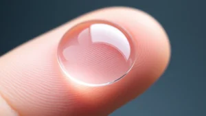 Close-up of rigid gas permeable contact lens on fingertip with water droplet, showing transparent material and smooth surface texture, professional medical photography style, natural lighting