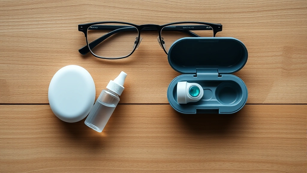 Comparison flat lay of eyeglasses, contact lens case with solution bottle, and single contact lens on eco-friendly wooden surface, minimalist sustainable lifestyle composition