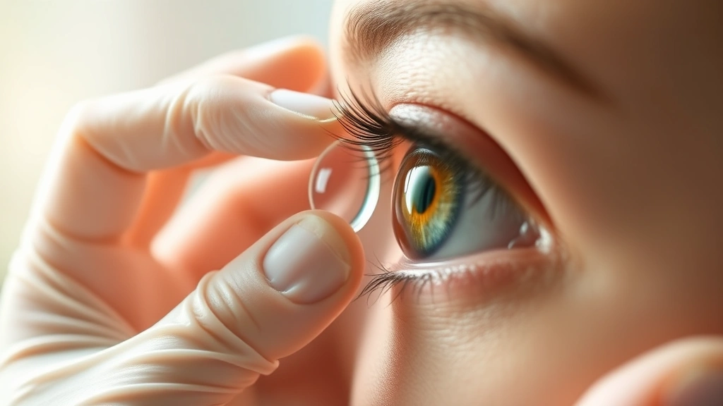 Hands gently inserting gas permeable contact lens into eye with proper care technique, clinical setting with soft natural light emphasizing eye health and precision