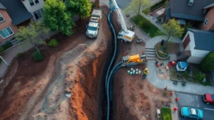 Aerial view of underground gas pipeline infrastructure being installed with modern trenchless drilling equipment in urban neighborhood, showing minimal surface disruption and green construction practices, photorealistic daytime lighting