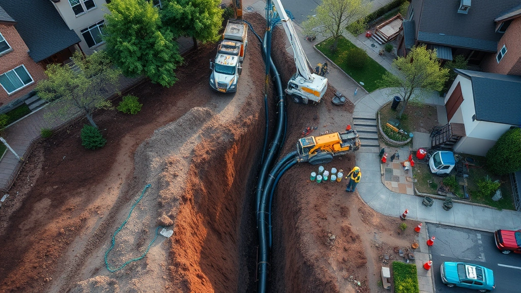 Aerial view of underground gas pipeline infrastructure being installed with modern trenchless drilling equipment in urban neighborhood, showing minimal surface disruption and green construction practices, photorealistic daytime lighting
