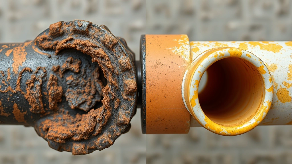 Close-up comparison of corroded old cast iron gas pipe section versus new polyethylene pipe material, demonstrating deterioration and leakage points in aging infrastructure, detailed texture visible, neutral background