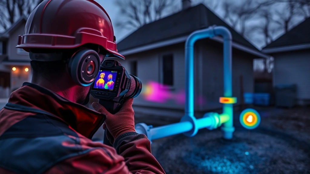 Technician using infrared thermal imaging camera to detect methane leaks from gas distribution system in residential area, showing hot spots indicating leak locations, modern diagnostic technology in use
