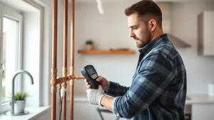 Photorealistic image of professional plumber measuring copper gas pipes with digital gauge inside modern residential kitchen, natural lighting, no text or labels visible