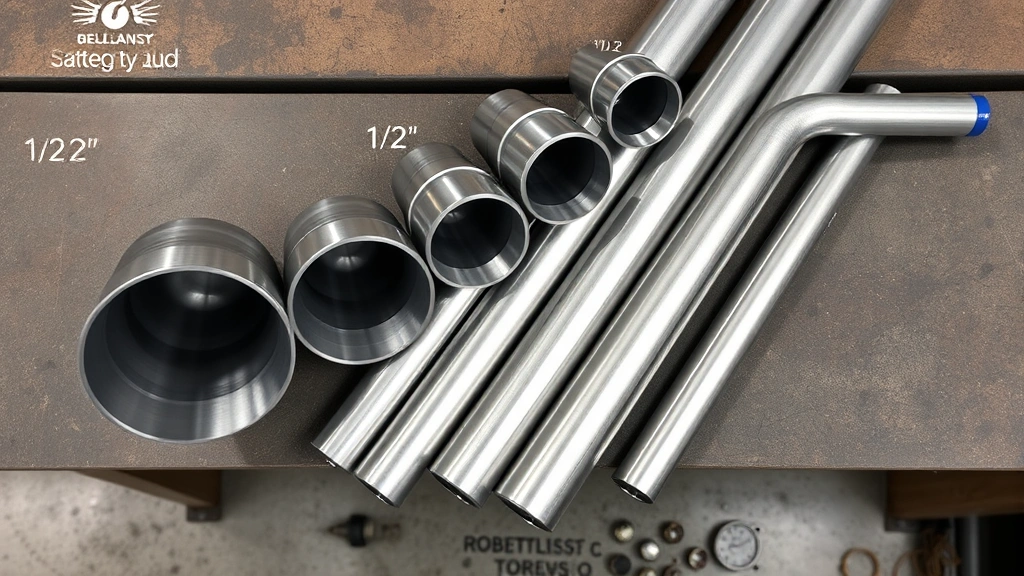 Detailed overhead view of various pipe diameters arranged showing progression from 1/2 inch to 2 inch stainless steel tubing on workbench, professional setting, no packaging or text