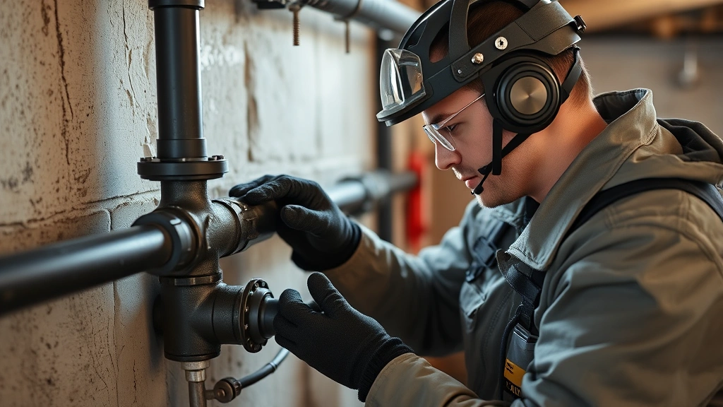 Technician inspecting black iron steel gas pipe with protective equipment in residential basement, checking for corrosion and damage, professional tools visible, natural lighting