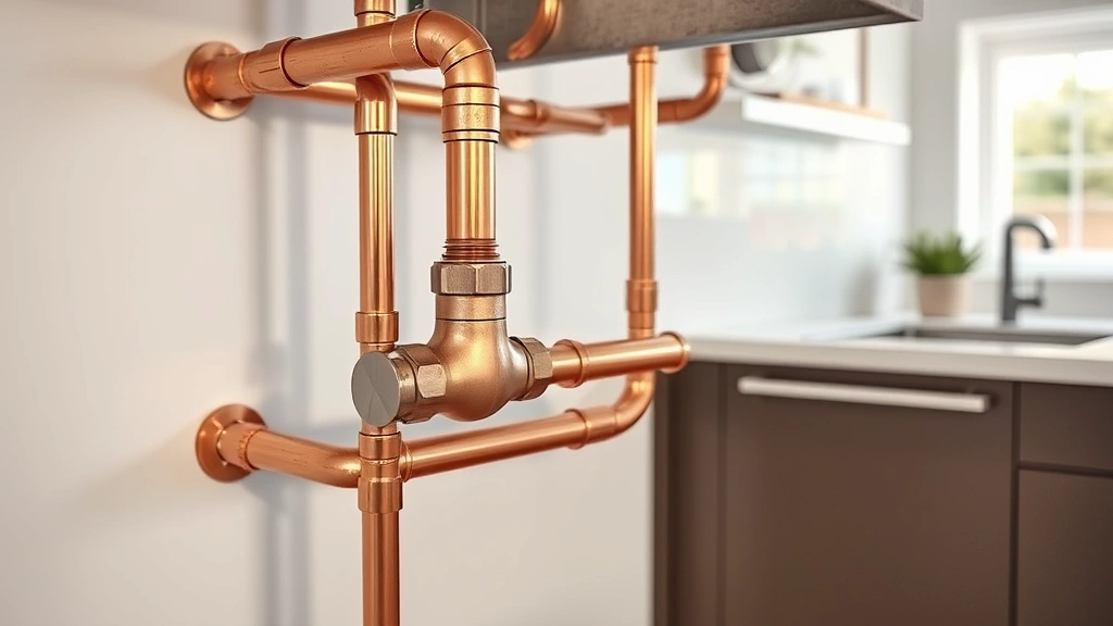 Copper gas piping installation with brazing connections in modern residential kitchen, showing proper sizing and routing through walls, professional craftsmanship details visible