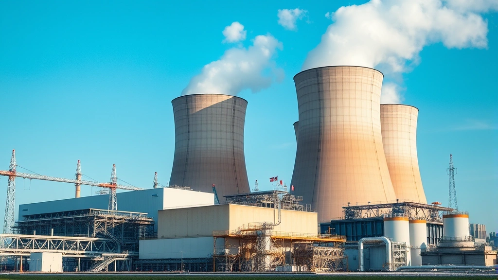 Modern natural gas power plant facility with cooling towers and industrial infrastructure set against blue sky, showing the scale of thermal electricity generation facilities