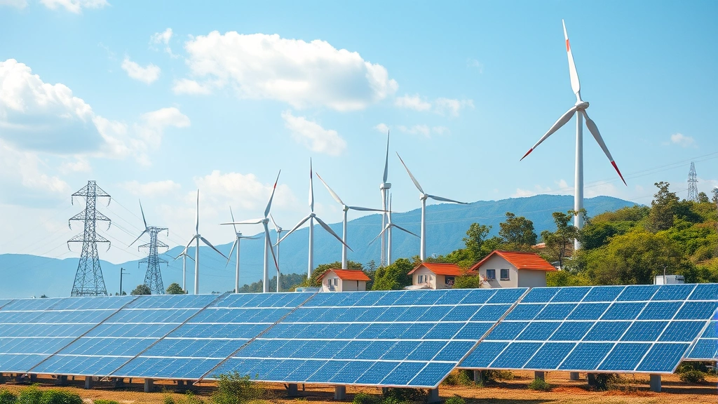Renewable energy transition visualization showing solar panels and wind turbines alongside traditional power infrastructure, representing the shift toward sustainable electricity generation