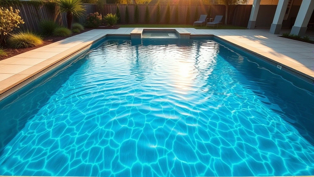 Modern residential swimming pool with crystal clear blue water surrounded by natural landscaping, afternoon sunlight reflecting off the water surface, peaceful backyard environment