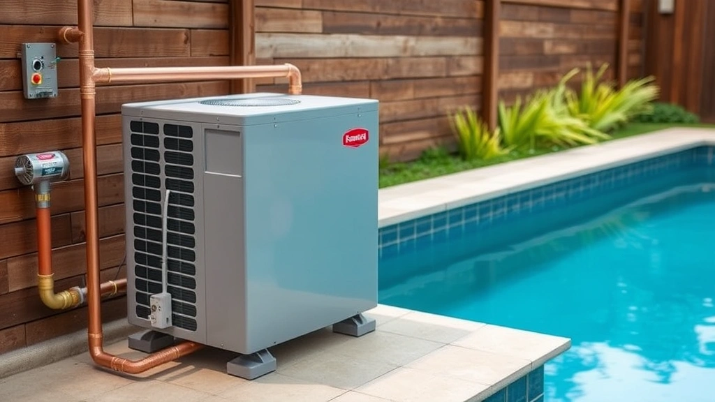 High-efficiency heat pump pool heating system installed poolside with copper piping and modern equipment, professional installation visible, clean contemporary design aesthetic
