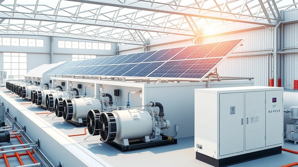 Modern industrial facility with rooftop solar panels powering electric air compressor system, bright daylight, clean renewable energy infrastructure, no text or labels visible