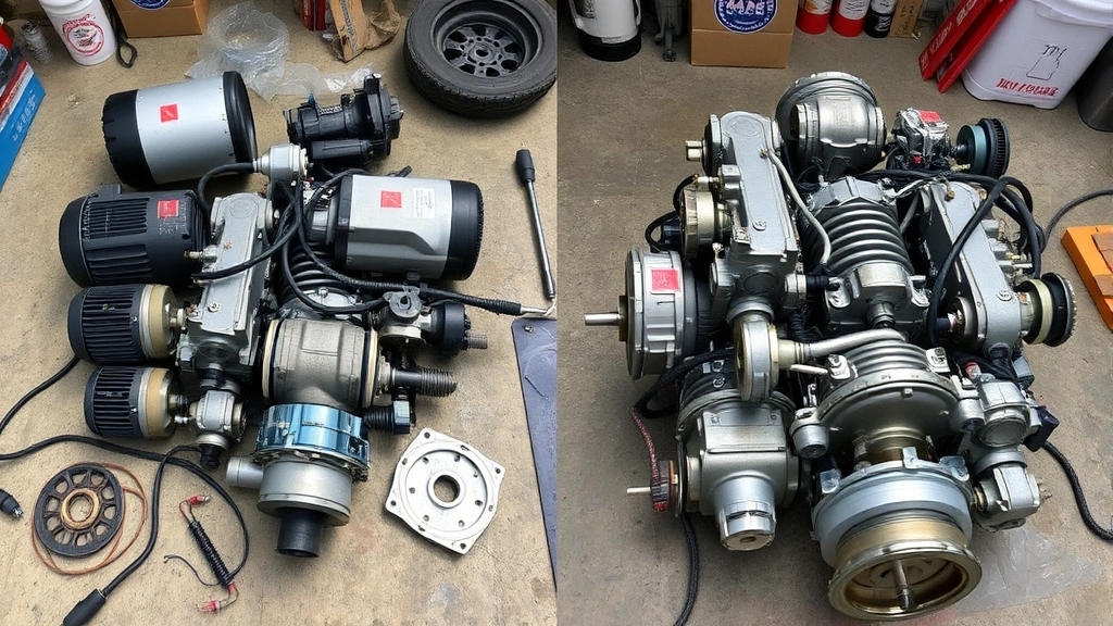 Side-by-side comparison of electric motor components versus internal combustion engine parts laid out on workshop surface, showing mechanical complexity differences, natural lighting, no identifying markings
