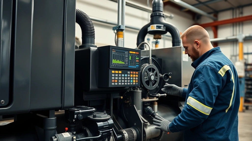 Technician performing maintenance on large industrial electric compressor system with digital monitoring display visible, professional workshop setting, focus on sustainable equipment care and efficiency optimization