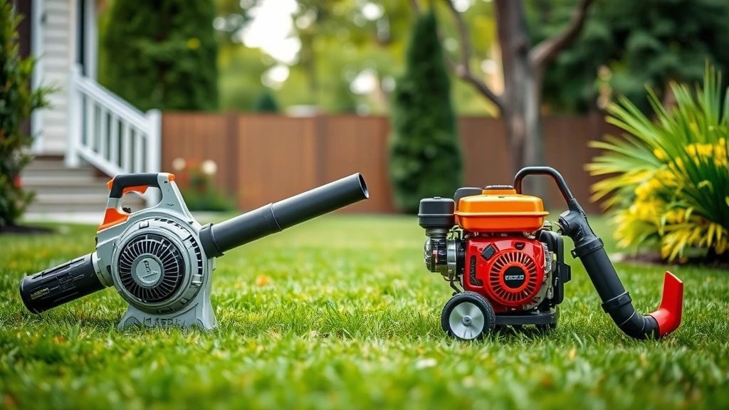 Photorealistic comparison showing a modern cordless electric blower alongside traditional gas blower equipment, displayed in a residential yard setting with green grass and trees in background, no text or labels visible