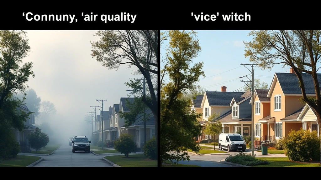 Split-screen showing community air quality difference - left side hazy with gas equipment in use, right side clear with electric equipment and happy residents, photorealistic suburban setting with trees and homes