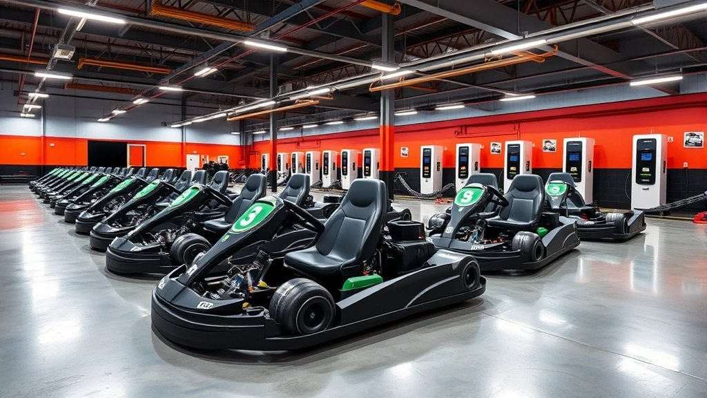 Vibrant indoor go kart facility with sleek electric karts lined up, bright LED lighting, modern charging stations visible in background, clean polished concrete floor, no signage or text visible