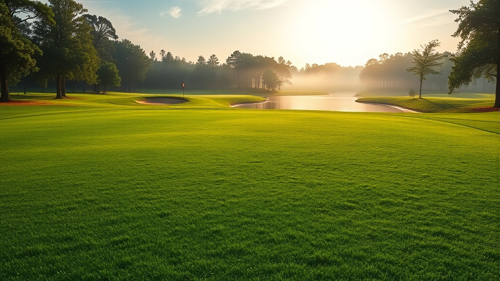Lush green golf course landscape with morning dew on fairway grass, peaceful natural setting with trees and water features, photorealistic sustainable environment