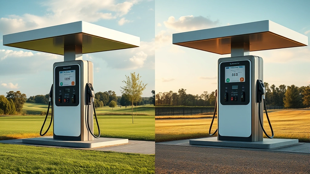 Side-by-side comparison of electric charging station and fuel pump at golf facility, modern sustainable infrastructure, clean energy transition, photorealistic detail