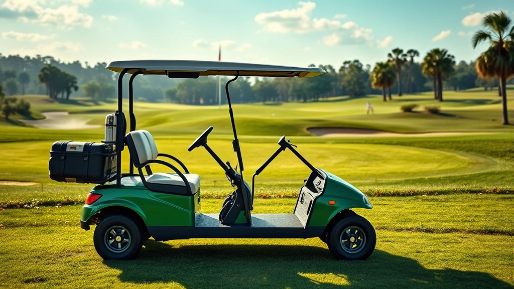 Electric golf cart parked on scenic golf course with golfers in background, green landscape, quiet operation, sustainable recreation, photorealistic natural lighting