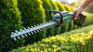Close-up of a modern battery-powered electric hedge trimmer with lithium-ion battery pack, showing sleek design and charging dock in a home garden setting with neatly trimmed green hedges in soft natural sunlight