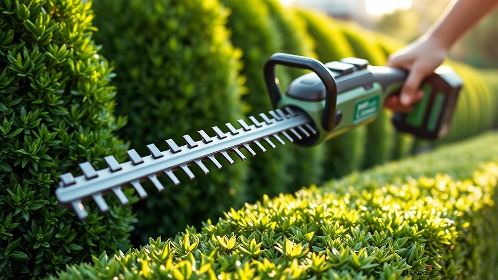 Close-up of a modern battery-powered electric hedge trimmer with lithium-ion battery pack, showing sleek design and charging dock in a home garden setting with neatly trimmed green hedges in soft natural sunlight