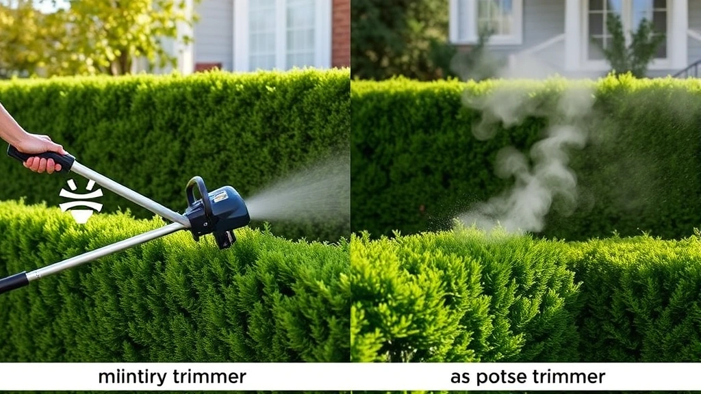 Split-screen comparison showing electric trimmer on left side with minimal emissions and quiet operation symbols, and gas-powered trimmer on right side with visible exhaust fumes and noise waves, both trimming identical hedges