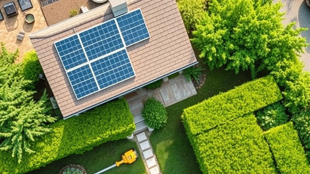 Overhead view of a residential garden with solar panels on house roof, electric hedge trimmer resting on ground, and freshly trimmed green hedges creating sustainable yard maintenance scene with bright daylight