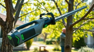 Close-up of a modern electric pole saw being used to trim tree branches, showing cordless battery design with green accents, professional landscaper in background working in sunlit residential yard with healthy trees
