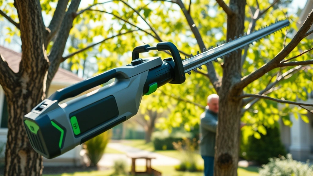 Close-up of a modern electric pole saw being used to trim tree branches, showing cordless battery design with green accents, professional landscaper in background working in sunlit residential yard with healthy trees