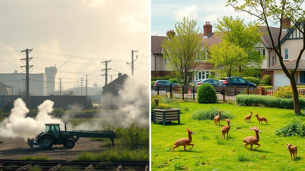 Side-by-side comparison of ecosystem health: left side shows polluted urban landscape with gas-powered equipment in use creating visible emissions, right side shows clean suburban area with quiet electric tools and thriving wildlife