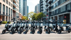 Urban street scene with multiple electric scooters parked in organized line, modern city buildings background, natural daylight, no text or signage visible, photorealistic composition