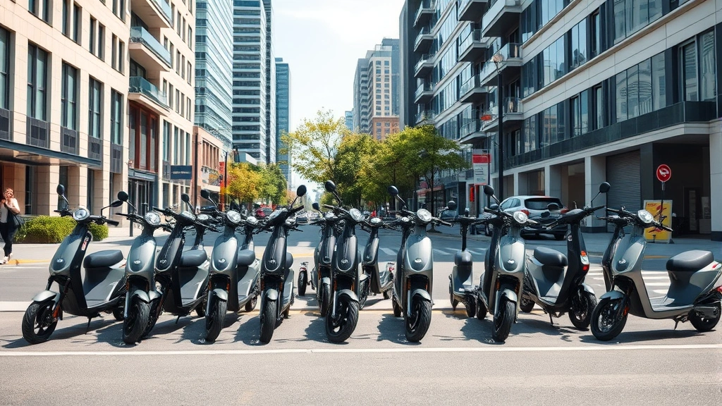 Urban street scene with multiple electric scooters parked in organized line, modern city buildings background, natural daylight, no text or signage visible, photorealistic composition