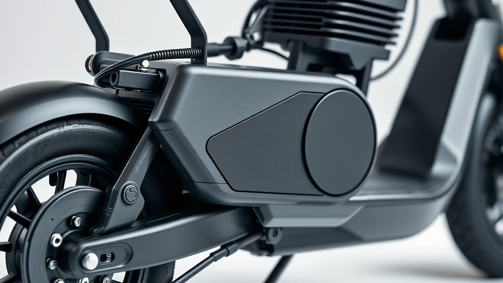 Close-up of clean electric scooter battery pack and motor assembly, sleek modern design, neutral background, detailed mechanical components clearly visible, professional product photography style
