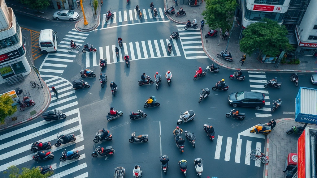 Aerial view of busy city intersection during rush hour with mix of transportation modes including bicycles and scooters, dense urban environment, natural lighting, sustainable mobility focus
