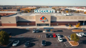 Aerial view of a busy Sam's Club parking lot with fuel station pumps visible, cars refueling during daytime with clear skies, photorealistic warehouse retail environment