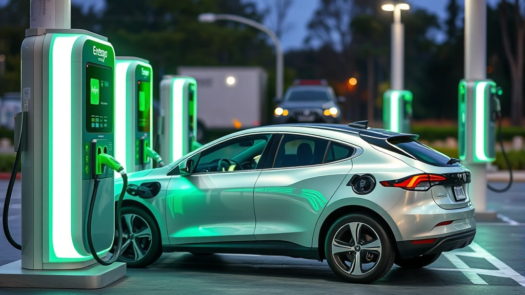 Electric vehicle charging at a modern charging station with green energy indicators, sleek EV design visible, contrasting sustainable transportation alternative to traditional gas pumps