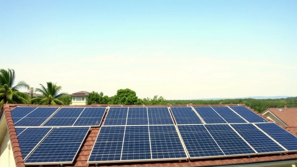 Realistic photograph of solar panels installed on residential rooftop with clear sky, green landscape, no labels or text overlay