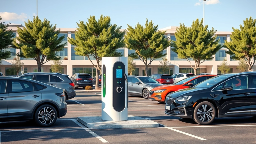Photorealistic image of electric vehicle charging station in modern parking area with multiple vehicles, trees, and sustainable architecture in background, no visible signs or text